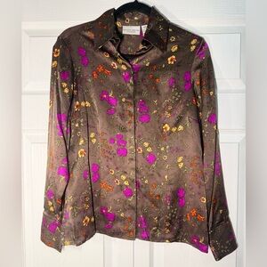 Jaclyn Smith 100% Silk Satin Floral Blouse with Pink & Orange Accents